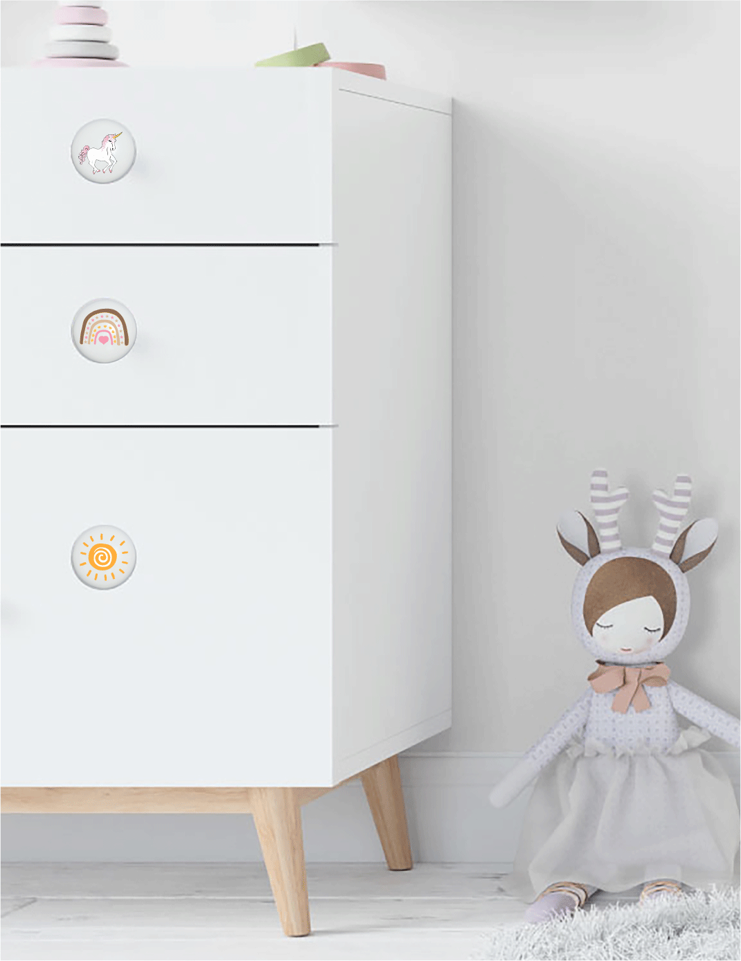 Boho Unicorn in Drawer Knobs with Sun Rainbow Hearts and Stars 1.5in Ceramic Knobs