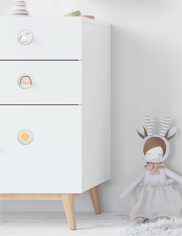 Boho Unicorn in Drawer Knobs with Sun Rainbow Hearts and Stars 1.5in Ceramic Knobs
