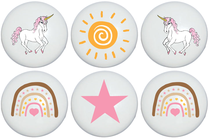 Boho Unicorn in Drawer Knobs with Sun Rainbow Hearts and Stars 1.5in Ceramic Knobs