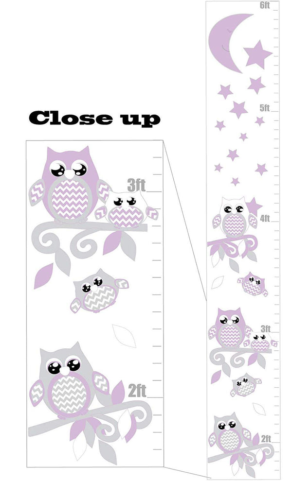 Purple and Grey Owl Growth Chart Wall Art Moon and Stars Woodland Forest Animals Children's Wall Decals Decor
