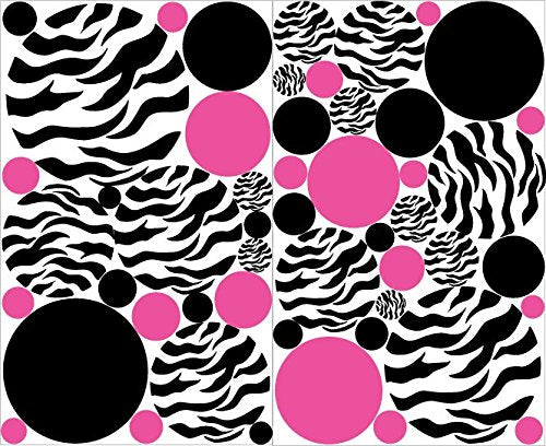 Zebra Print Polka Dot Wall Decals with Hot Pink and Black Dots Wall Stickers / Zebra Print Decals