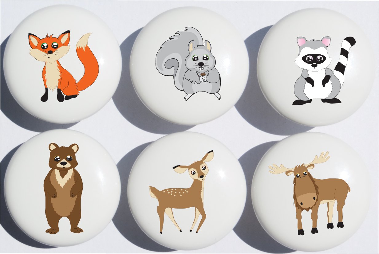 Woodland Forest Animal Drawer Knob Pulls Ceramic Dresser Cabinet Knobs  Fox, Bear, Squirrel, Deer, Moose and a Raccoon.