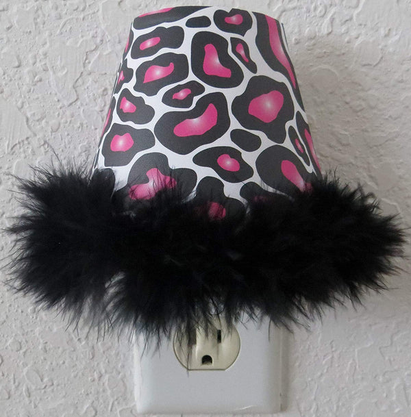 Pink Leopard Print Night Light with Black Feathered Boa Trim in Hot Pink and Black