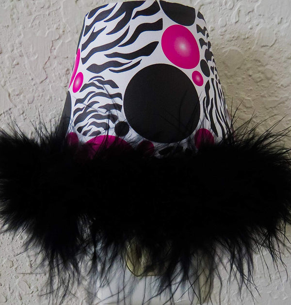 Zebra Print Dots Night Lights with Hot Pink and Black Polka Dots and a Black Boa At Bottom