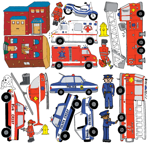 Fire Truck and Police Rescue Vehicles Mural Wall Decals