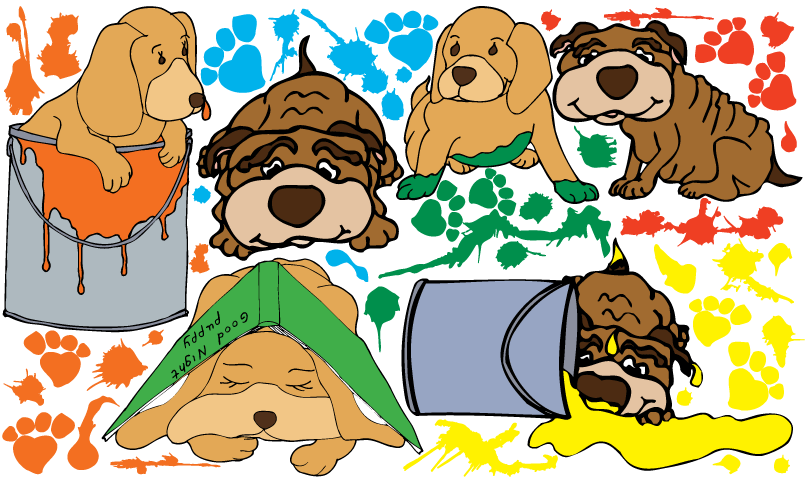 Puppies In Paint Mural Wall Decals