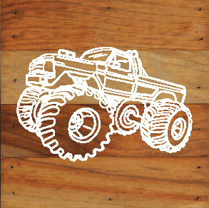 Monster Truck Chalk White Art Prints on a 6 x 6 Rustic Aged Natural Wood Pallet