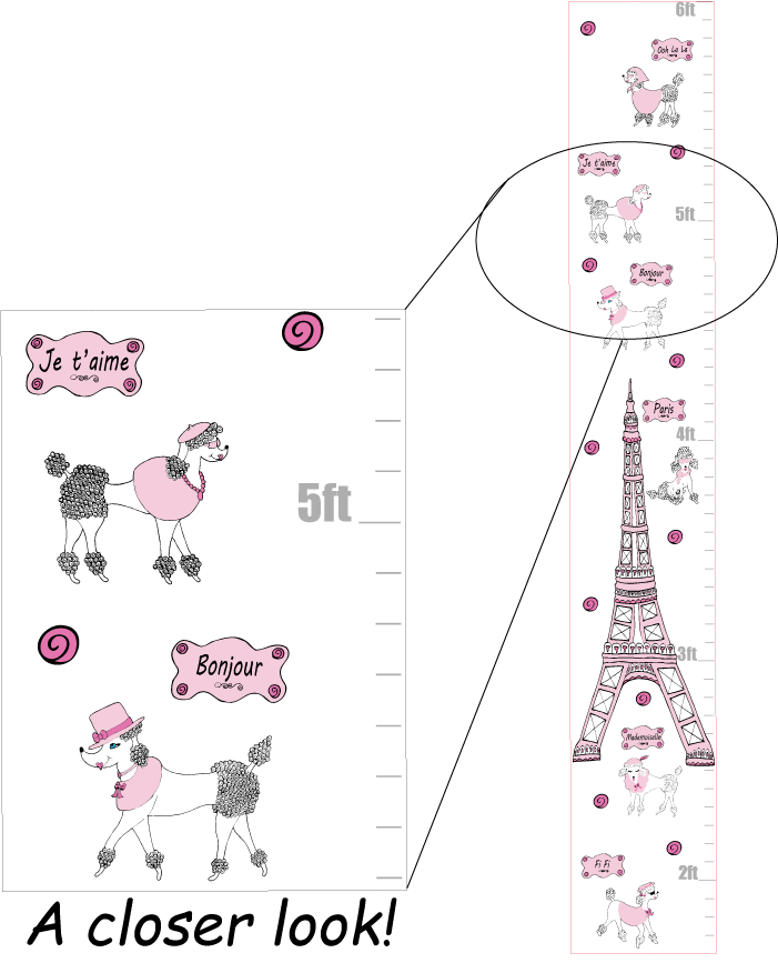 Pink Poodles in Paris Growth Chart Wall Art  Paris Wall Decals Stickers Kids Decor