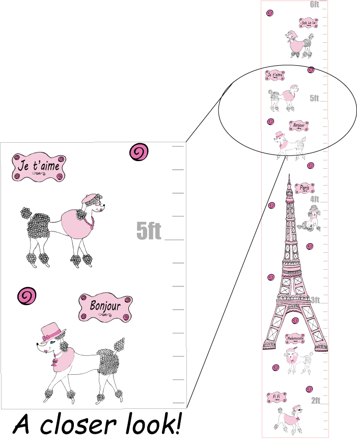 Pink Poodles in Paris Growth Chart Wall Art Paris Wall Decals Stickers Kids Decor