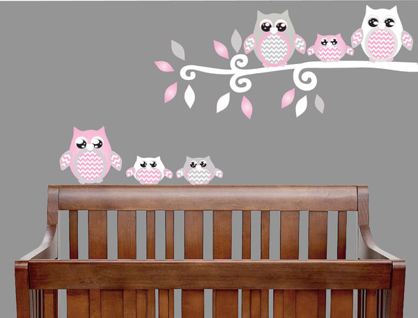 Pink Owl Woodland Forest Animals  with Branch Wall Decals