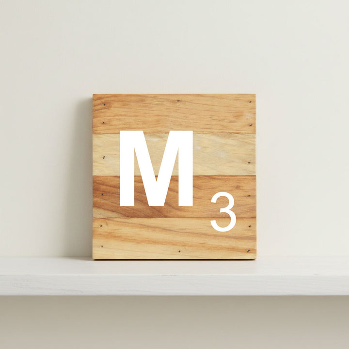 Scrabble inspired wooden letter M on rustic aged wood pallet, personalized nursery decor for shelf, dresser, wall display, and kids bedroom