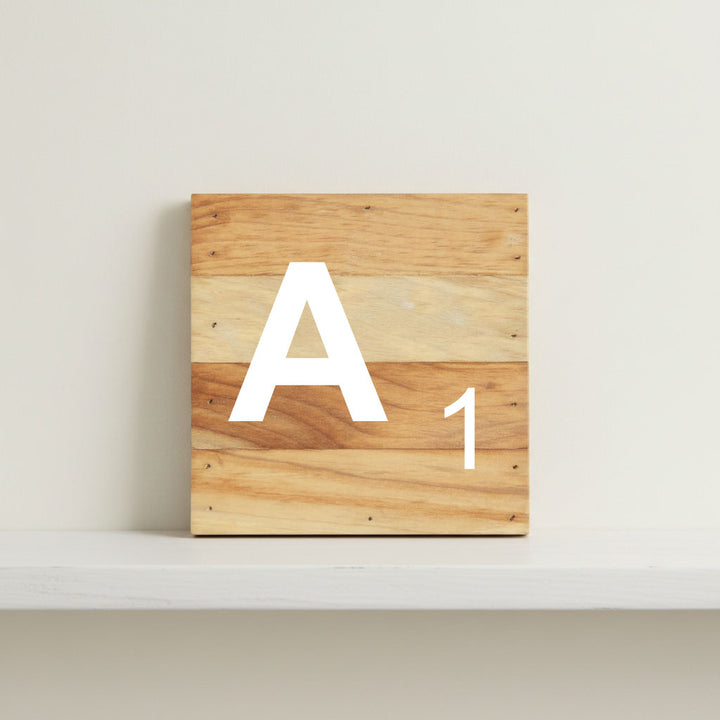 Scrabble inspired wooden letter A on rustic aged wood pallet, personalized nursery decor for shelf, dresser, wall display, and kids bedroom