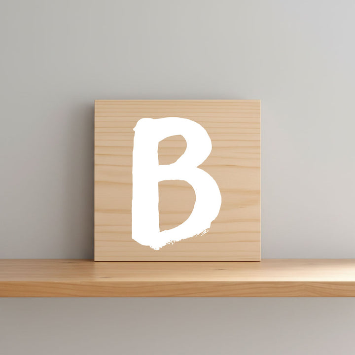 Rustic monogram letter B on natural distressed wood wall hanging, personalized nursery decor for shelf, dresser, and kids bedroom by Presto Chango Decor