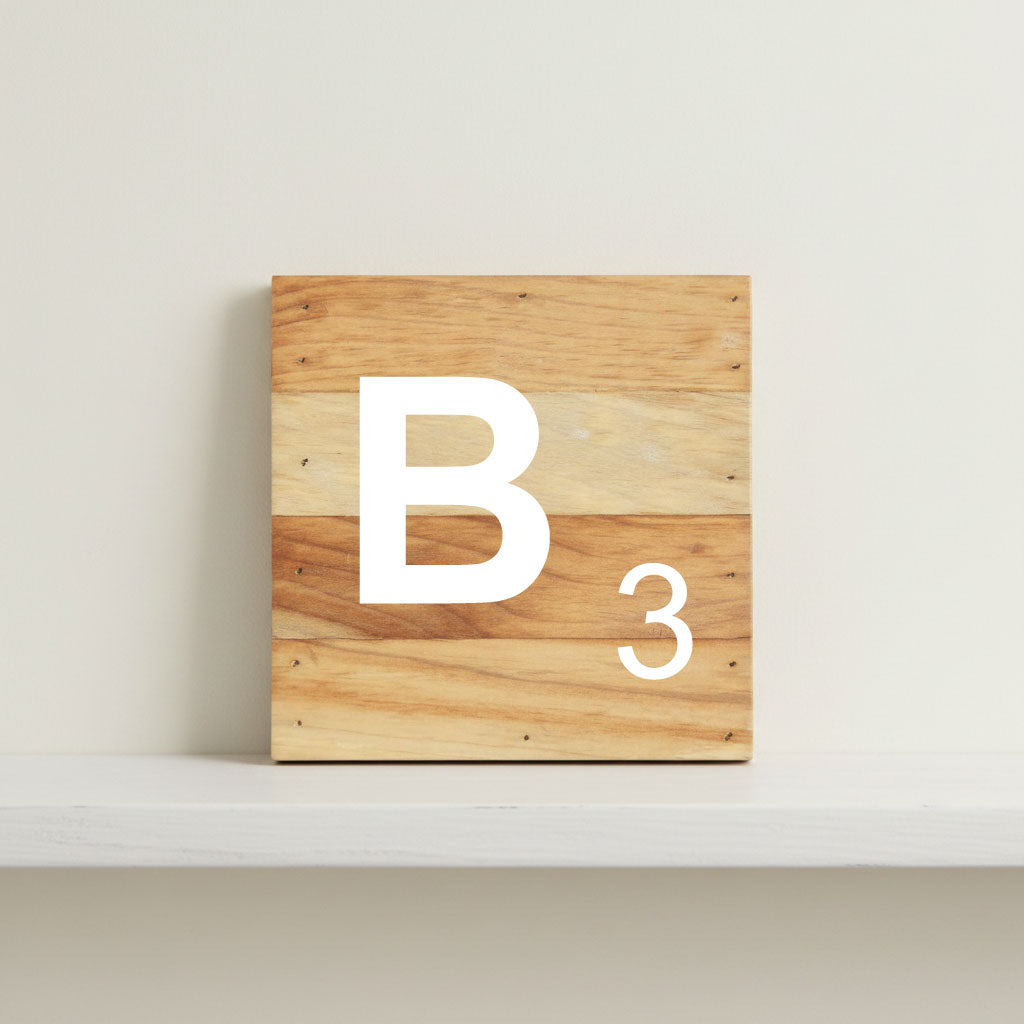 Scrabble inspired wooden letter B on rustic aged wood pallet, personalized nursery decor for shelf, dresser, wall display, and kids bedroom