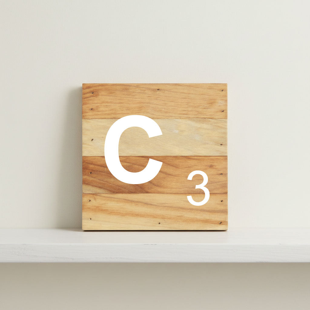 Scrabble inspired wooden letter C on rustic aged wood pallet, personalized nursery decor for shelf, dresser, wall display, and kids bedroom