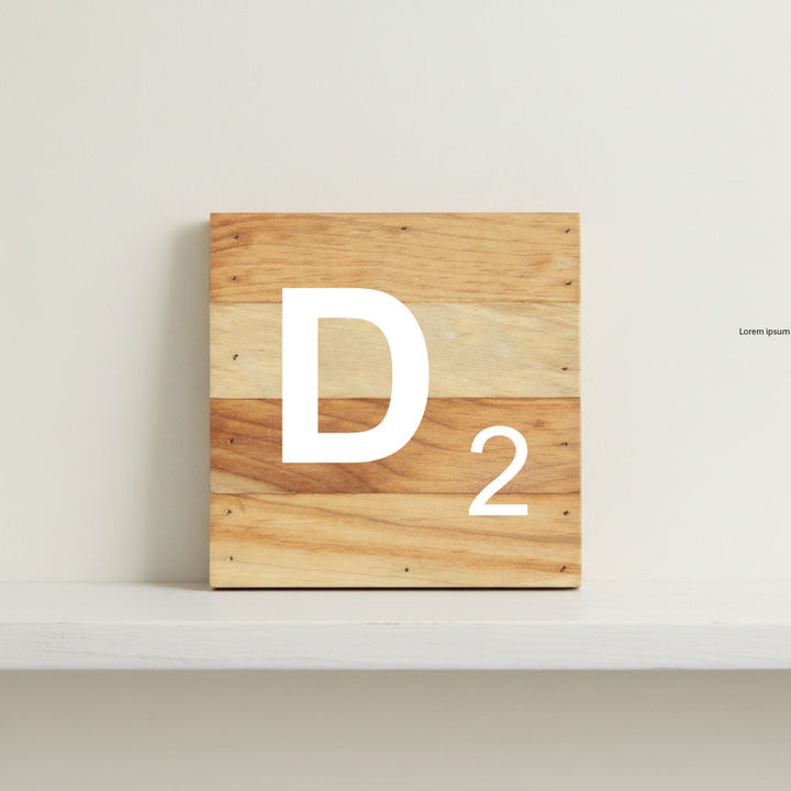 Scrabble inspired wooden letter D on rustic aged wood pallet, personalized nursery decor for shelf, dresser, wall display, and kids bedroom