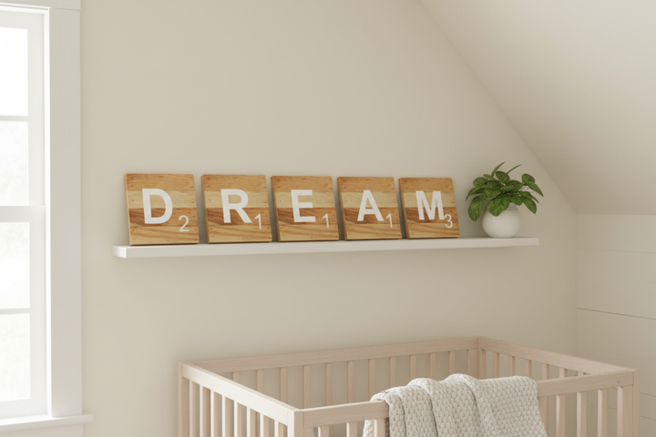 Rustic Scrabble Letter Decor — Personalized Nursery Shelf & Wall Art | A to Z