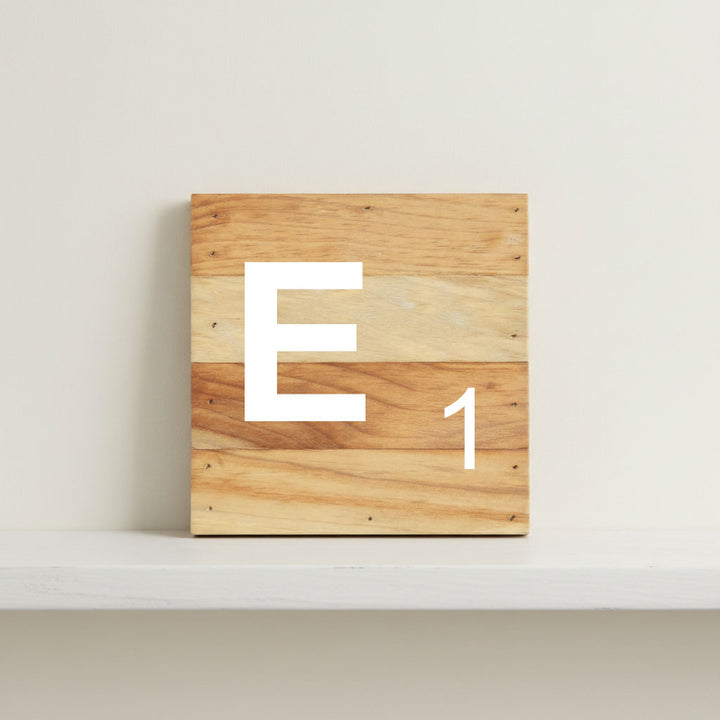  Scrabble inspired wooden letter E on rustic aged wood pallet, personalized nursery decor for shelf, dresser, wall display, and kids bedroom