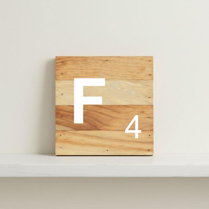 Scrabble inspired wooden letter F on rustic aged wood pallet, personalized nursery decor for shelf, dresser, wall display, and kids bedroom