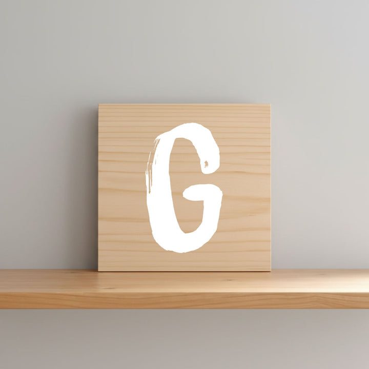 Rustic monogram letter G on natural distressed wood wall hanging, personalized nursery decor for shelf, dresser, and kids bedroom by Presto Chango Decor