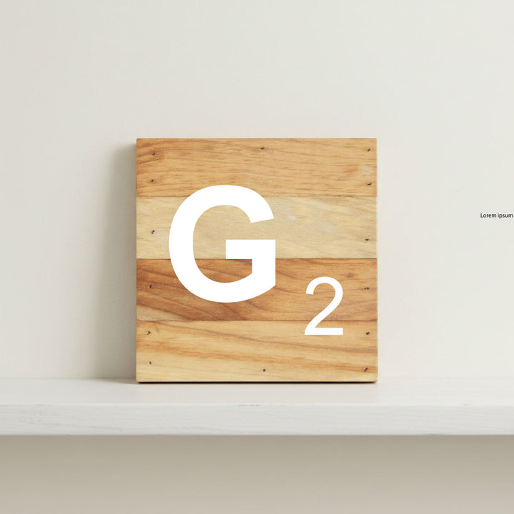 Scrabble inspired wooden letter G on rustic aged wood pallet, personalized nursery decor for shelf, dresser, wall display, and kids bedroom