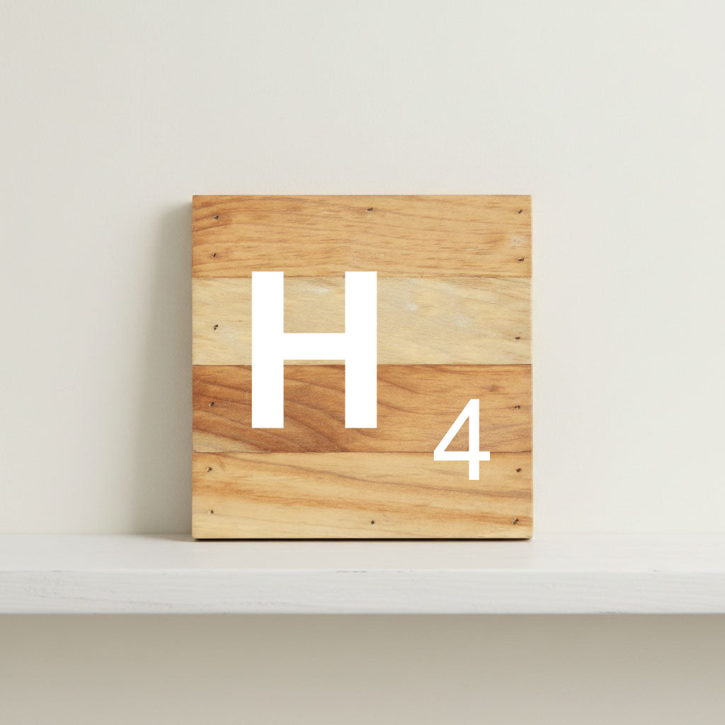  Scrabble inspired wooden letter H on rustic aged wood pallet, personalized nursery decor for shelf, dresser, wall display, and kids bedroom