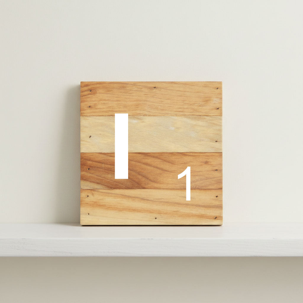 Scrabble inspired wooden letter I on rustic aged wood pallet, personalized nursery decor for shelf, dresser, wall display, and kids bedroom