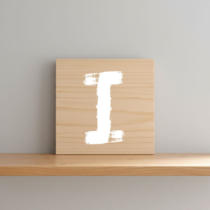 Rustic monogram letter I on natural distressed wood wall hanging, personalized nursery decor for shelf, dresser, and kids bedroom by Presto Chango Decor
