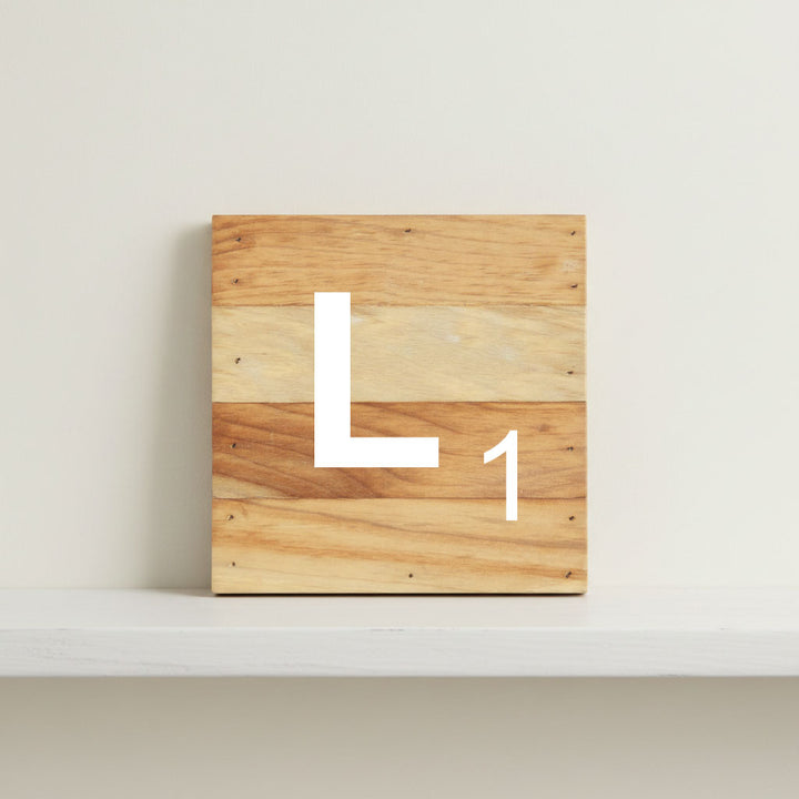 Scrabble inspired wooden letter L on rustic aged wood pallet, personalized nursery decor for shelf, dresser, wall display, and kids bedroom