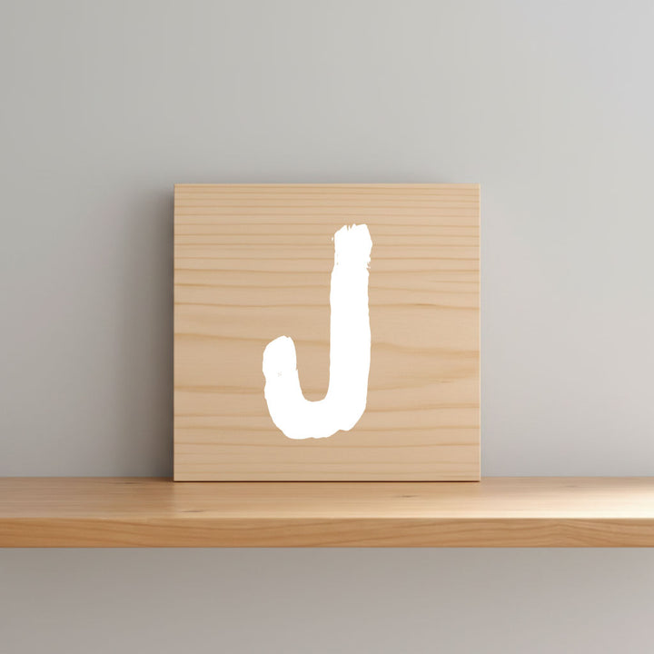 Rustic monogram letter J on natural distressed wood wall hanging, personalized nursery decor for shelf, dresser, and kids bedroom by Presto Chango Decor