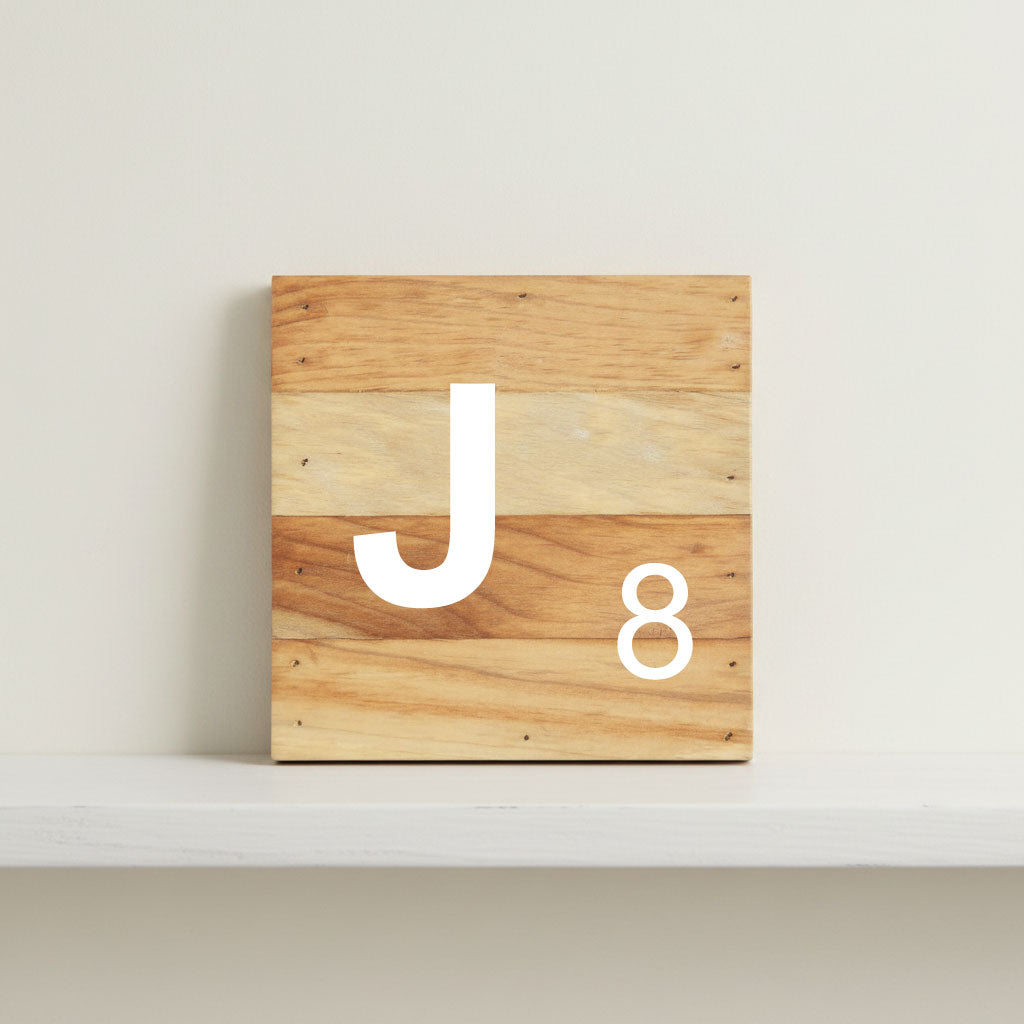 Scrabble inspired wooden letter J on rustic aged wood pallet, personalized nursery decor for shelf, dresser, wall display, and kids bedroom