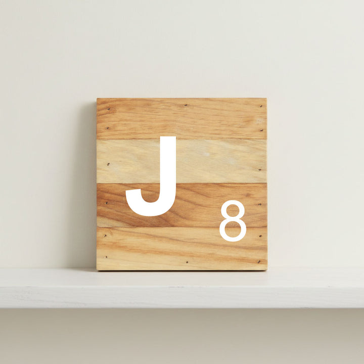 Scrabble inspired wooden letter J on rustic aged wood pallet, personalized nursery decor for shelf, dresser, wall display, and kids bedroom