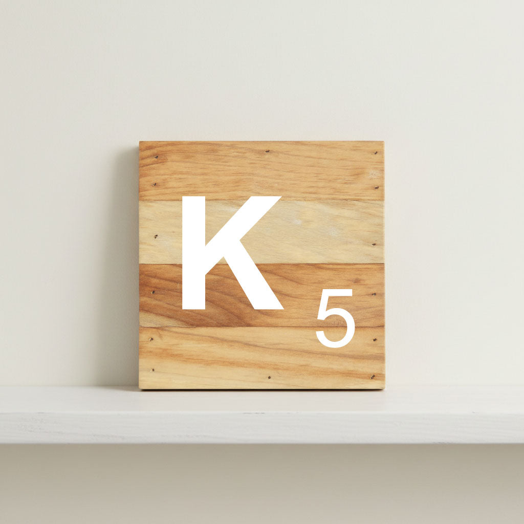 Scrabble inspired wooden letter K on rustic aged wood pallet, personalized nursery decor for shelf, dresser, wall display, and kids bedroom