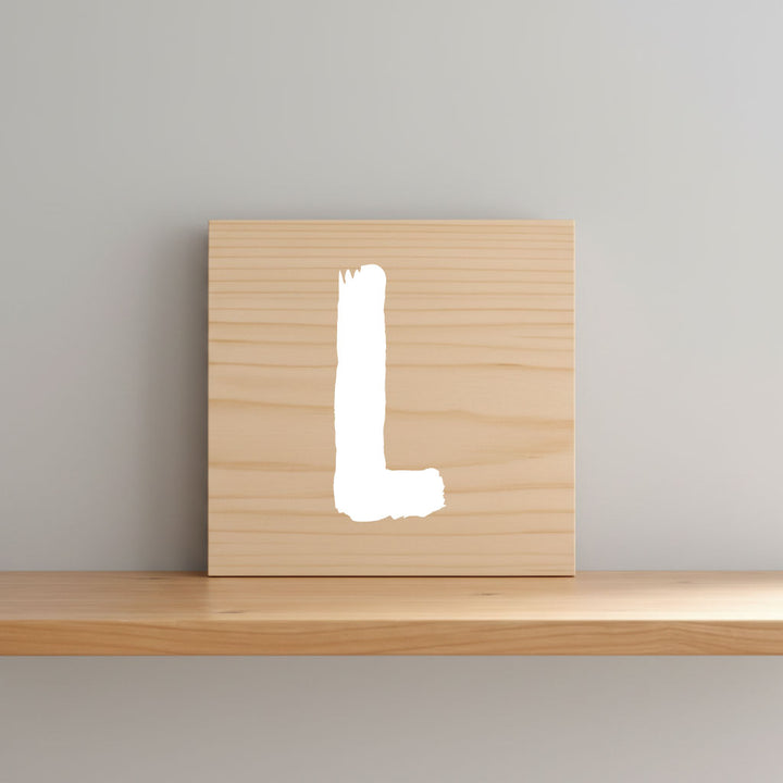 Rustic monogram letter L on natural distressed wood wall hanging, personalized nursery decor for shelf, dresser, and kids bedroom by Presto Chango Decor