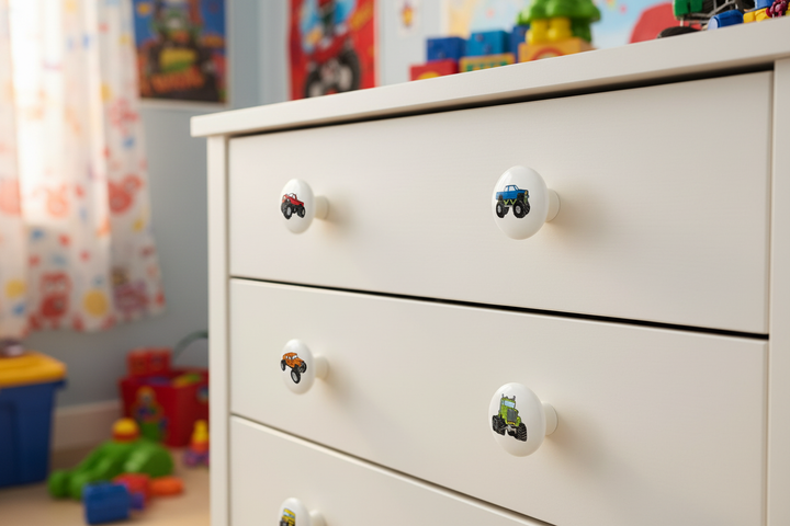 Monster Truck Ceramic Drawer Pulls | Set of 6 Boys Room Cabinet Knobs