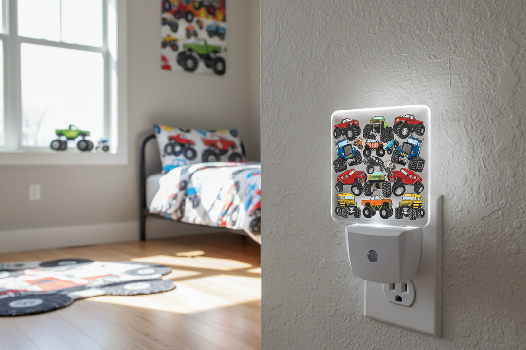 Nightlight with monster truck design on a wall in a child's bedroom