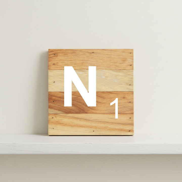 Scrabble inspired wooden letter N on rustic aged wood pallet, personalized nursery decor for shelf, dresser, wall display, and kids bedroom
