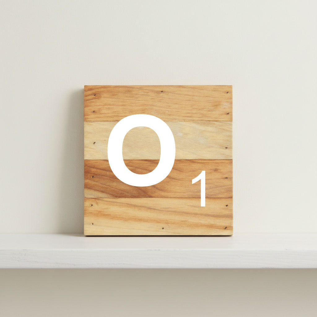 Scrabble inspired wooden letter O on rustic aged wood pallet, personalized nursery decor for shelf, dresser, wall display, and kids bedroom