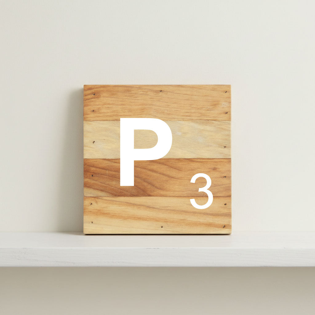  Scrabble inspired wooden letter P on rustic aged wood pallet, personalized nursery decor for shelf, dresser, wall display, and kids bedroom