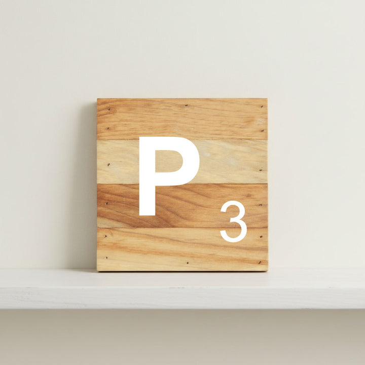  Scrabble inspired wooden letter P on rustic aged wood pallet, personalized nursery decor for shelf, dresser, wall display, and kids bedroom