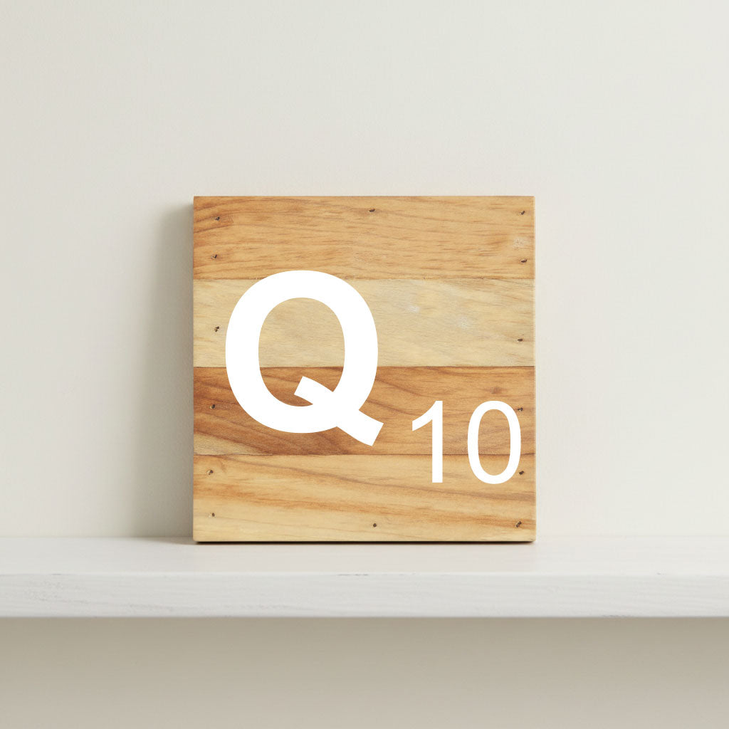 Scrabble inspired wooden letter Q on rustic aged wood pallet, personalized nursery decor for shelf, dresser, wall display, and kids bedroom