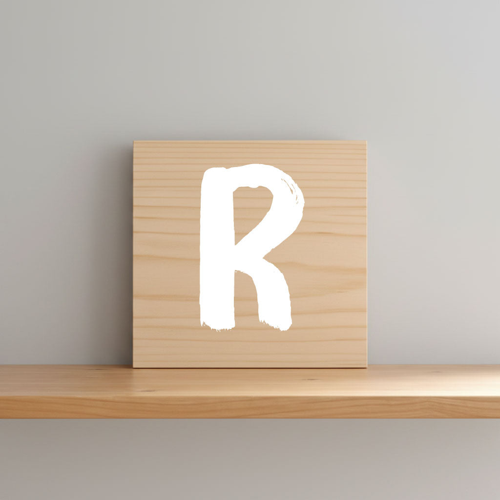 Rustic monogram letter R on natural distressed wood wall hanging, personalized nursery decor for shelf, dresser, and kids bedroom by Presto Chango Decor