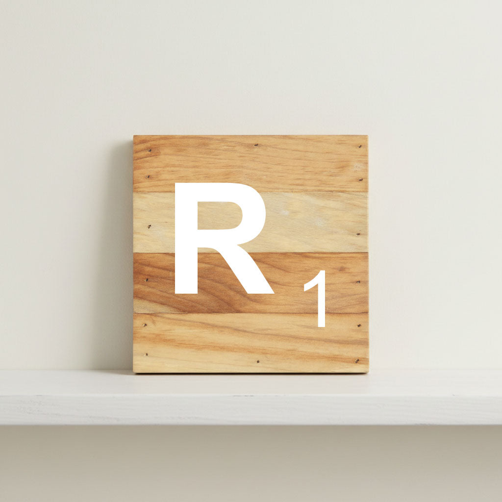 Scrabble inspired wooden letter R on rustic aged wood pallet, personalized nursery decor for shelf, dresser, wall display, and kids bedroom