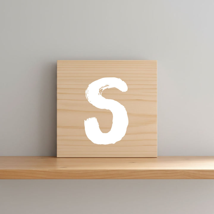 Rustic monogram letter S on natural distressed wood wall hanging, personalized nursery decor for shelf, dresser, and kids bedroom by Presto Chango Decor