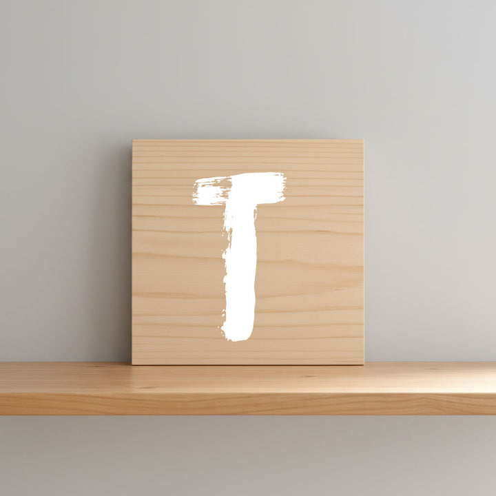 Rustic monogram letter T on natural distressed wood wall hanging, personalized nursery decor for shelf, dresser, and kids bedroom by Presto Chango Decor