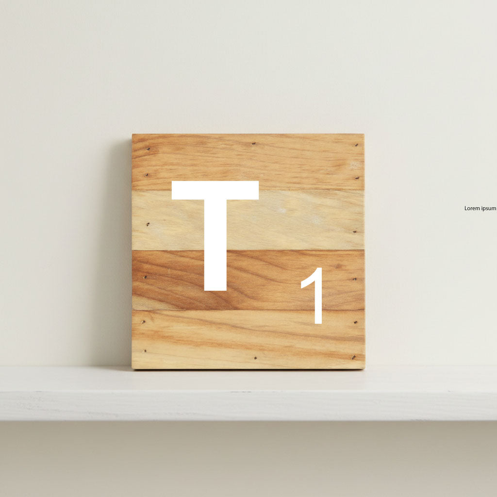 Scrabble inspired wooden letter T on rustic aged wood pallet, personalized nursery decor for shelf, dresser, wall display, and kids bedroom