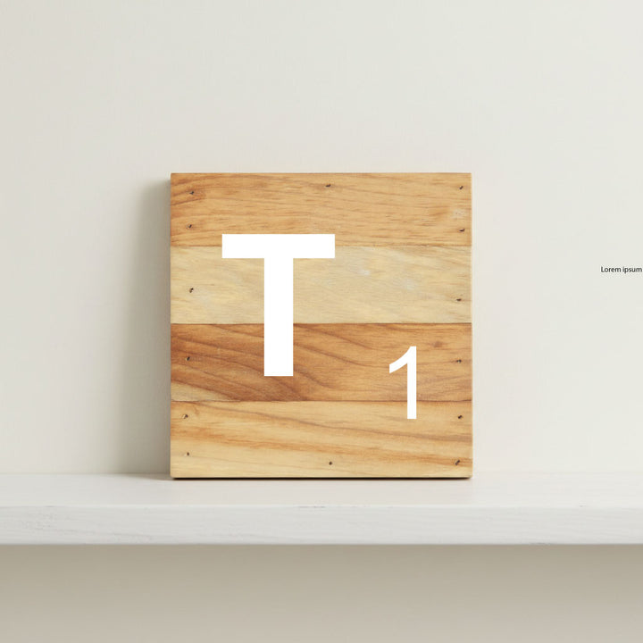 Scrabble inspired wooden letter T on rustic aged wood pallet, personalized nursery decor for shelf, dresser, wall display, and kids bedroom
