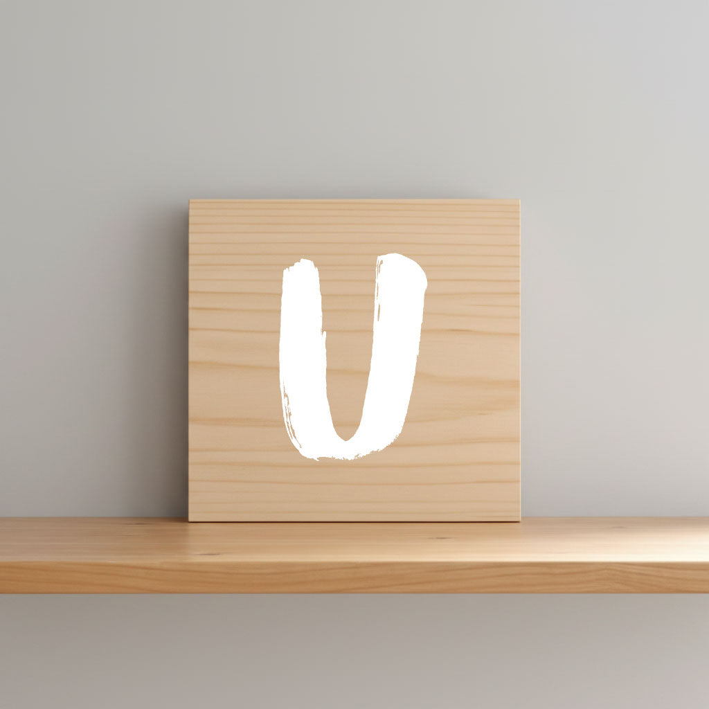 Rustic monogram letter U on natural distressed wood wall hanging, personalized nursery decor for shelf, dresser, and kids bedroom by Presto Chango Decor