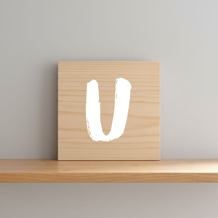 Rustic monogram letter U on natural distressed wood wall hanging, personalized nursery decor for shelf, dresser, and kids bedroom by Presto Chango Decor