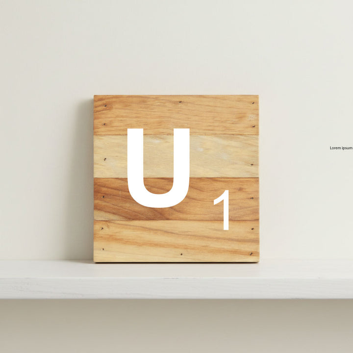 Scrabble inspired wooden letter U on rustic aged wood pallet, personalized nursery decor for shelf, dresser, wall display, and kids bedroom